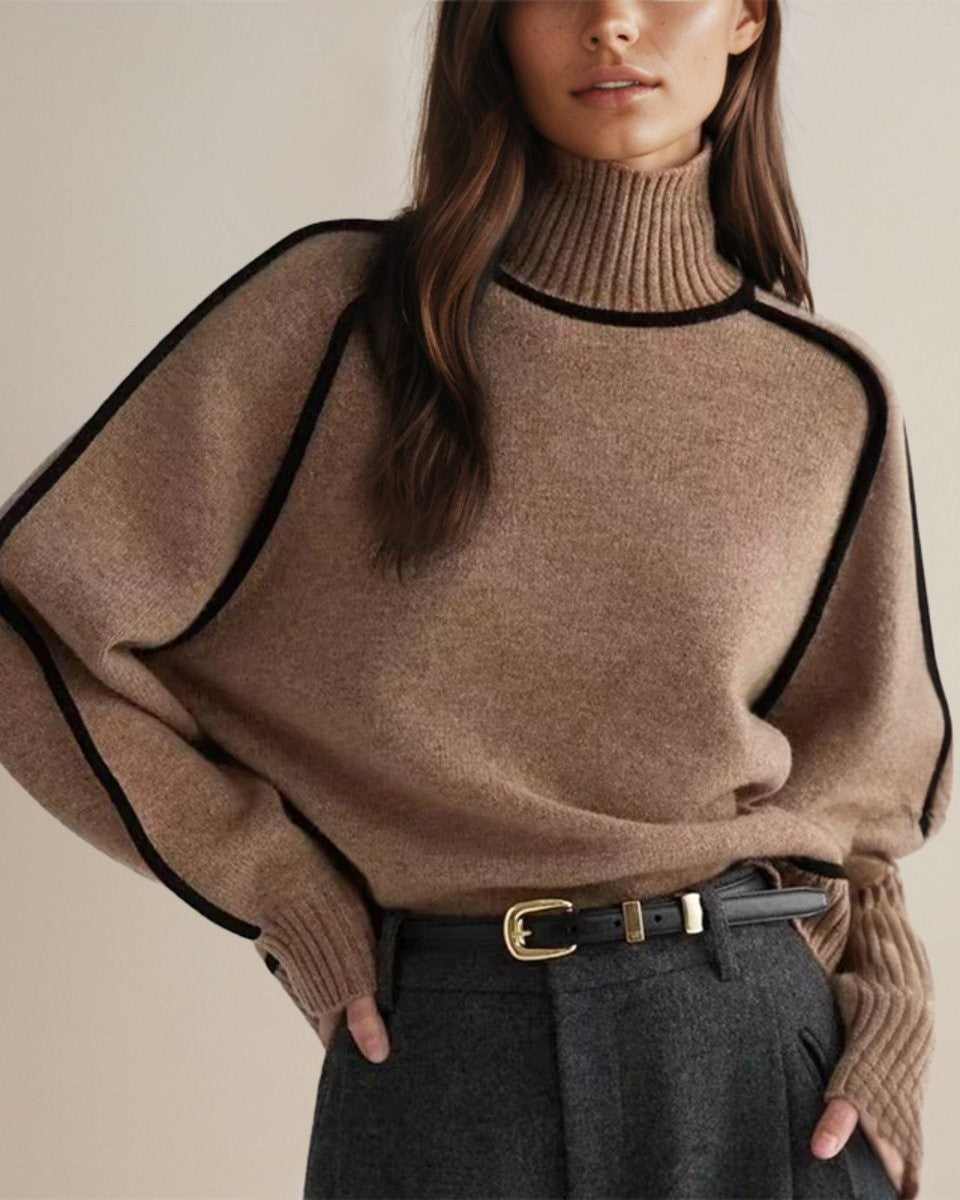 Chloe | Pull pour Femme Coupe Ample Manches Lanterne Col Roulé Tricoté - Marron