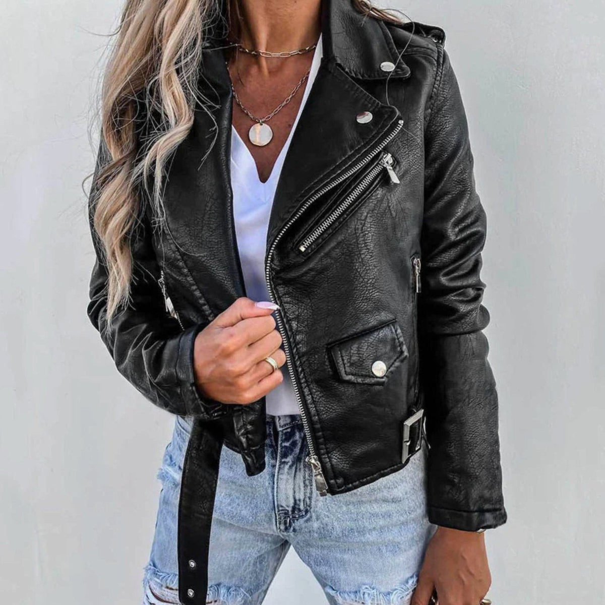 Chloe | Veste Motard pour Femme simili-cuir Fermeture Diagonale Taille Courte - Rouge