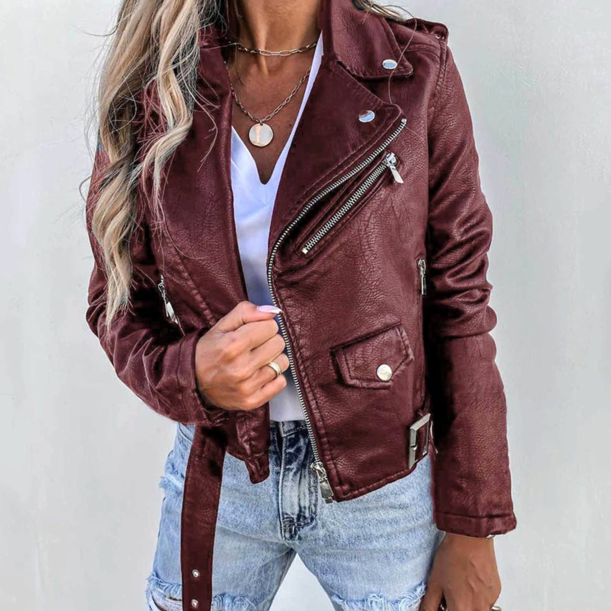 Chloe | Veste Motard pour Femme simili-cuir Fermeture Diagonale Taille Courte - Rouge