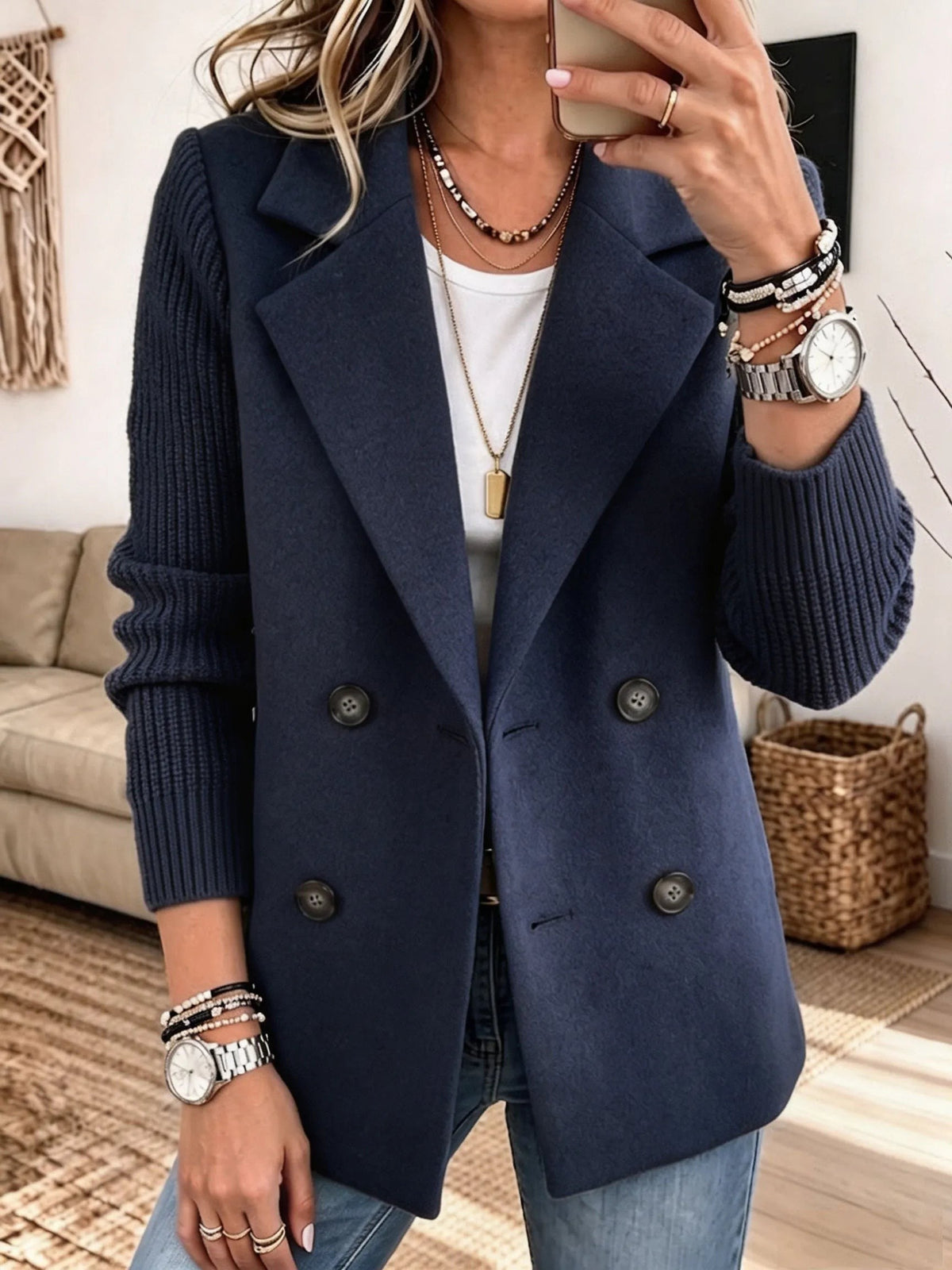 Chloe | Veste pour Femme Double Boutonnage Manches Côtelées Coupe Ample - Bleu