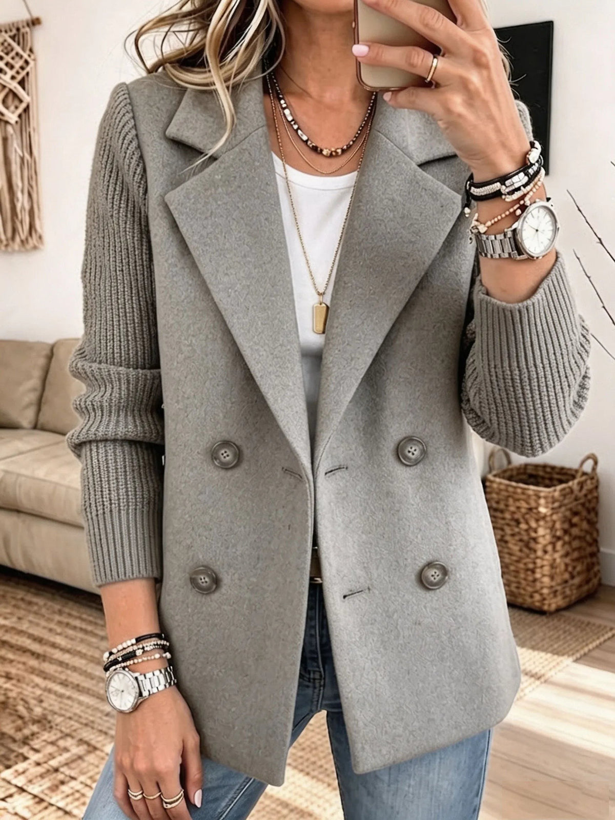 Chloe | Veste pour Femme Double Boutonnage Manches Côtelées Coupe Ample - Gris