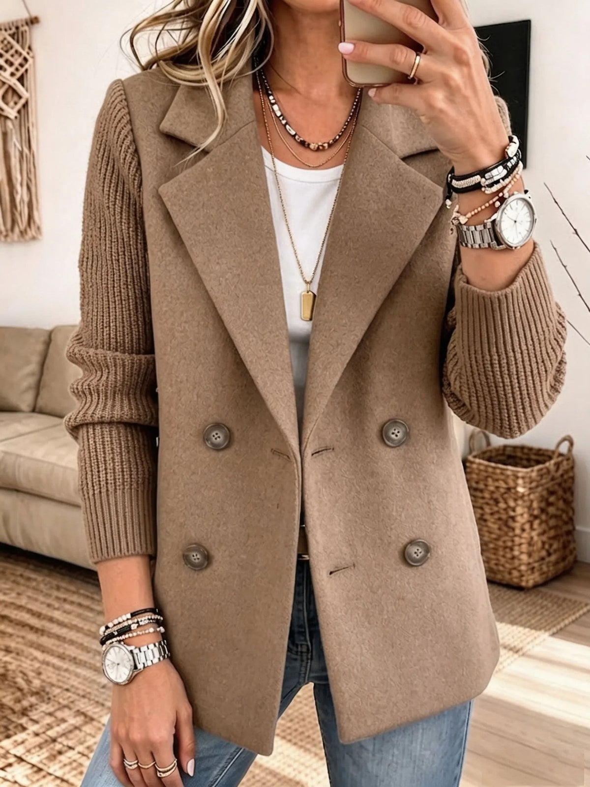 Chloe | Veste pour Femme Double Boutonnage Manches Côtelées Coupe Ample - Kaki