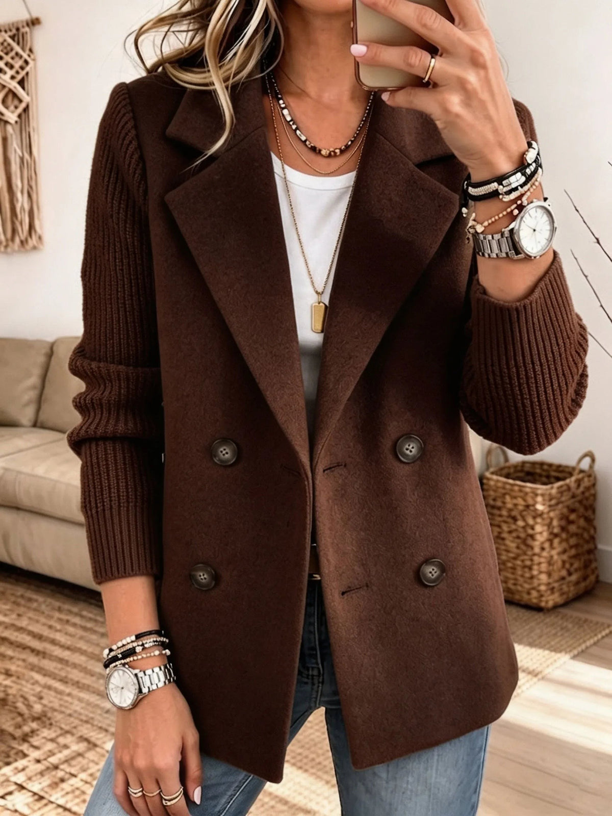Chloe | Veste pour Femme Double Boutonnage Manches Côtelées Coupe Ample - Marron