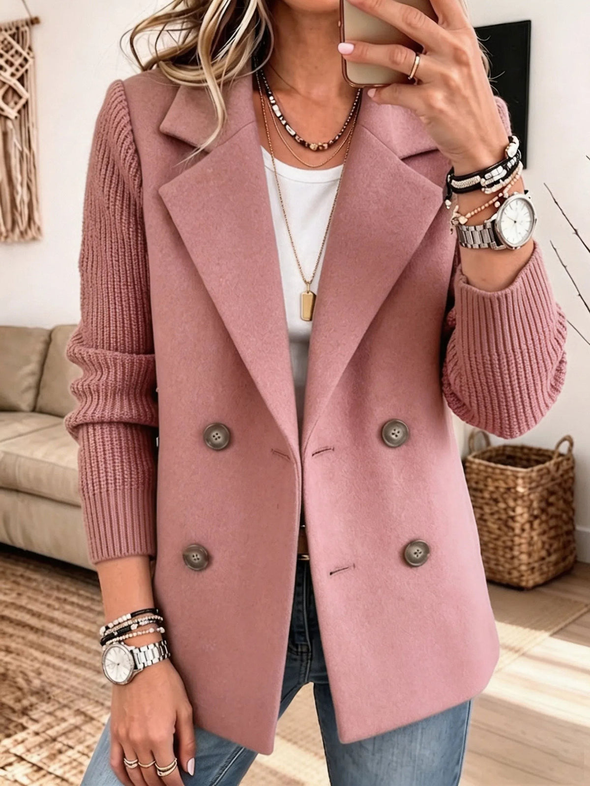 Chloe | Veste pour Femme Double Boutonnage Manches Côtelées Coupe Ample - Rose
