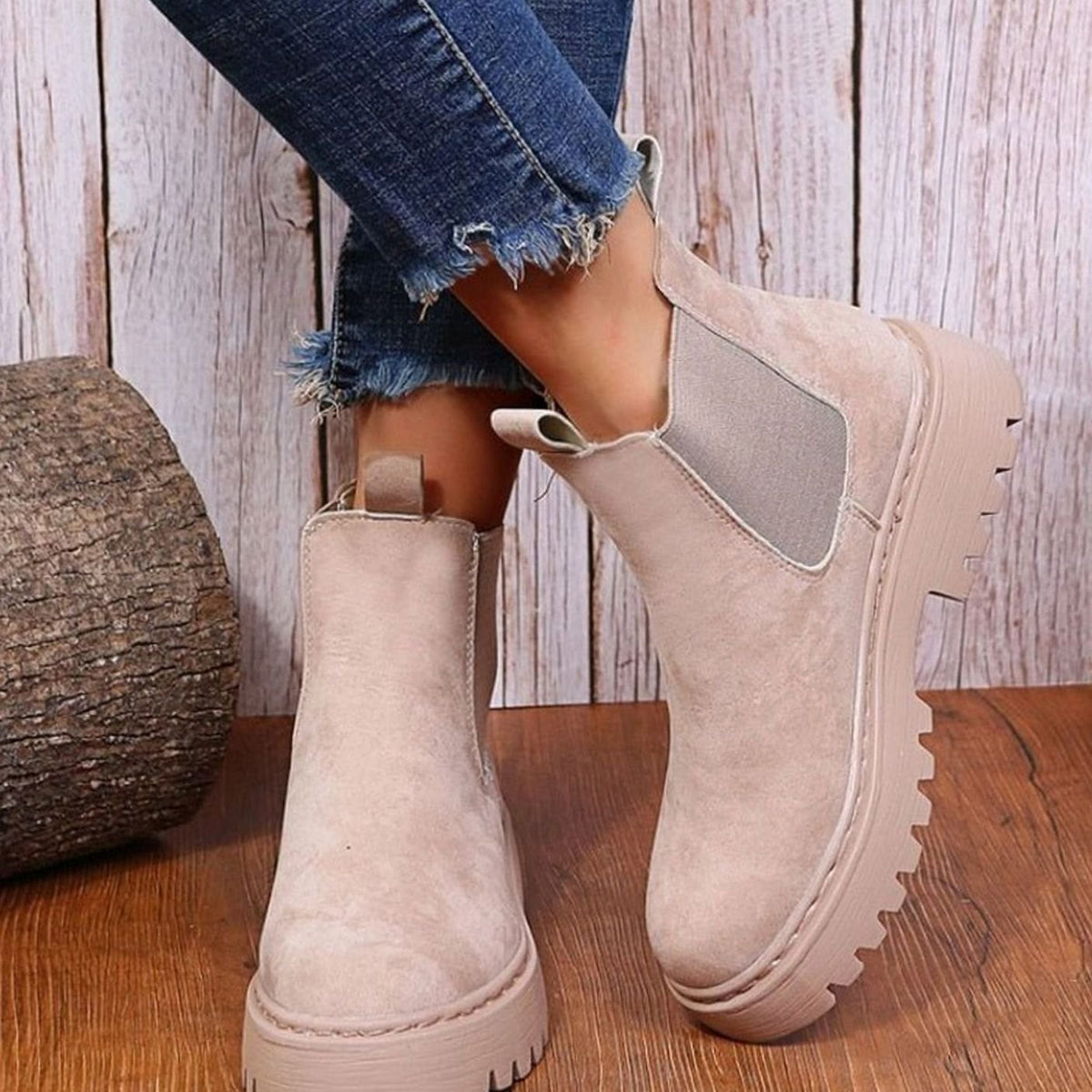 Clemence | Bottines pour Femme Plateau Talon Haut Élastique Aspect Suède - Abricot