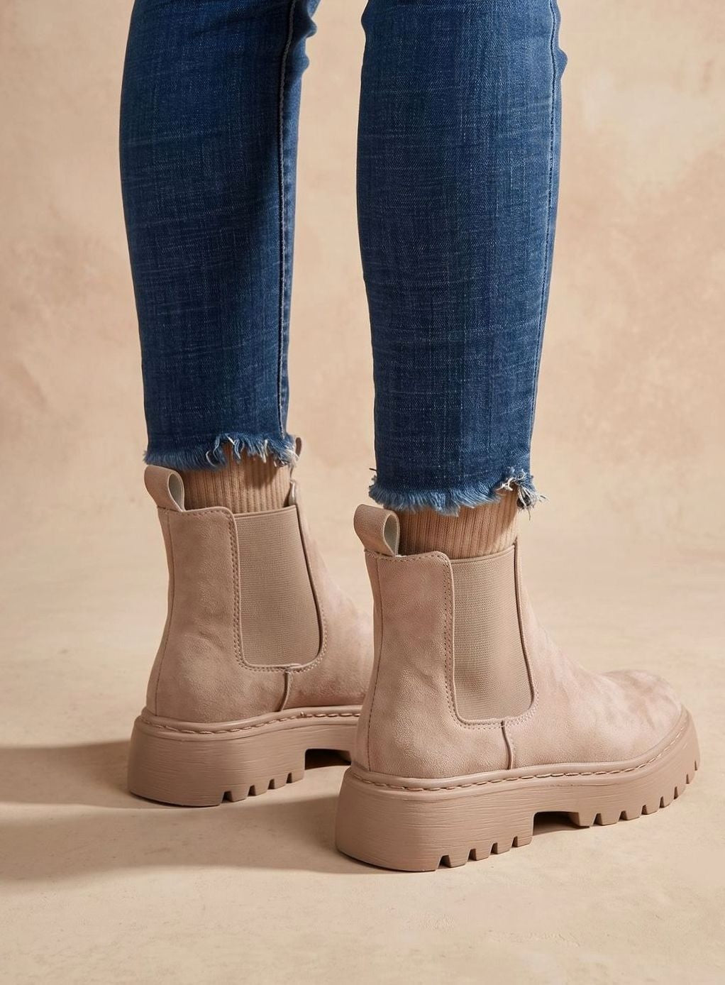 Clemence | Bottines pour Femme Plateau Talon Haut Élastique Aspect Suède - Abricot