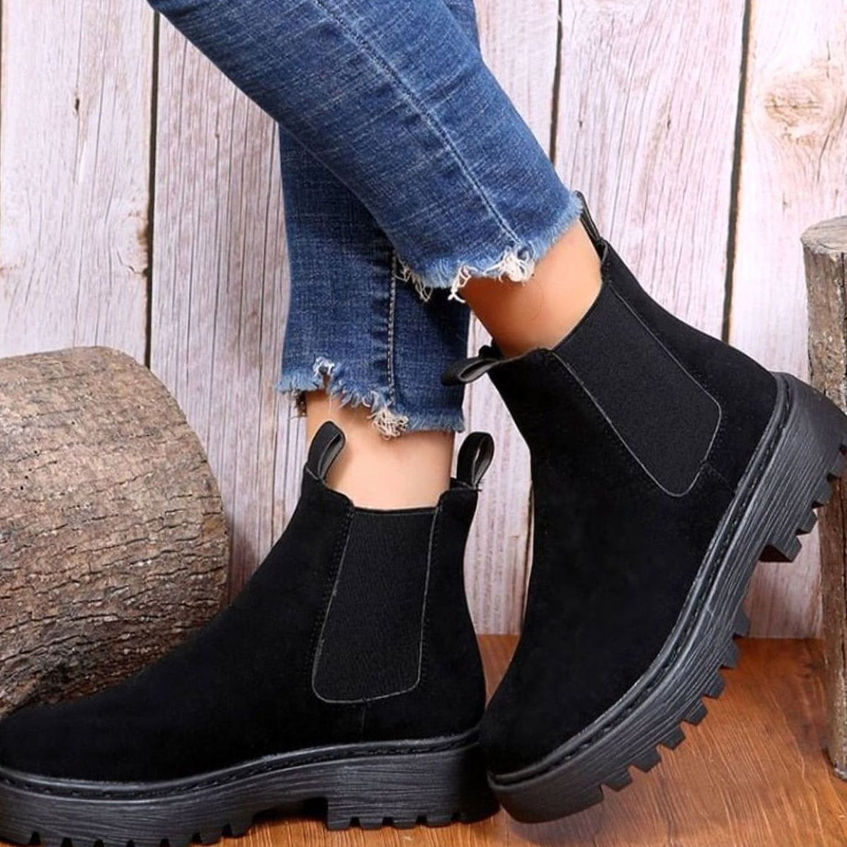 Clemence | Bottines pour Femme Plateau Talon Haut Élastique Aspect Suède - Abricot