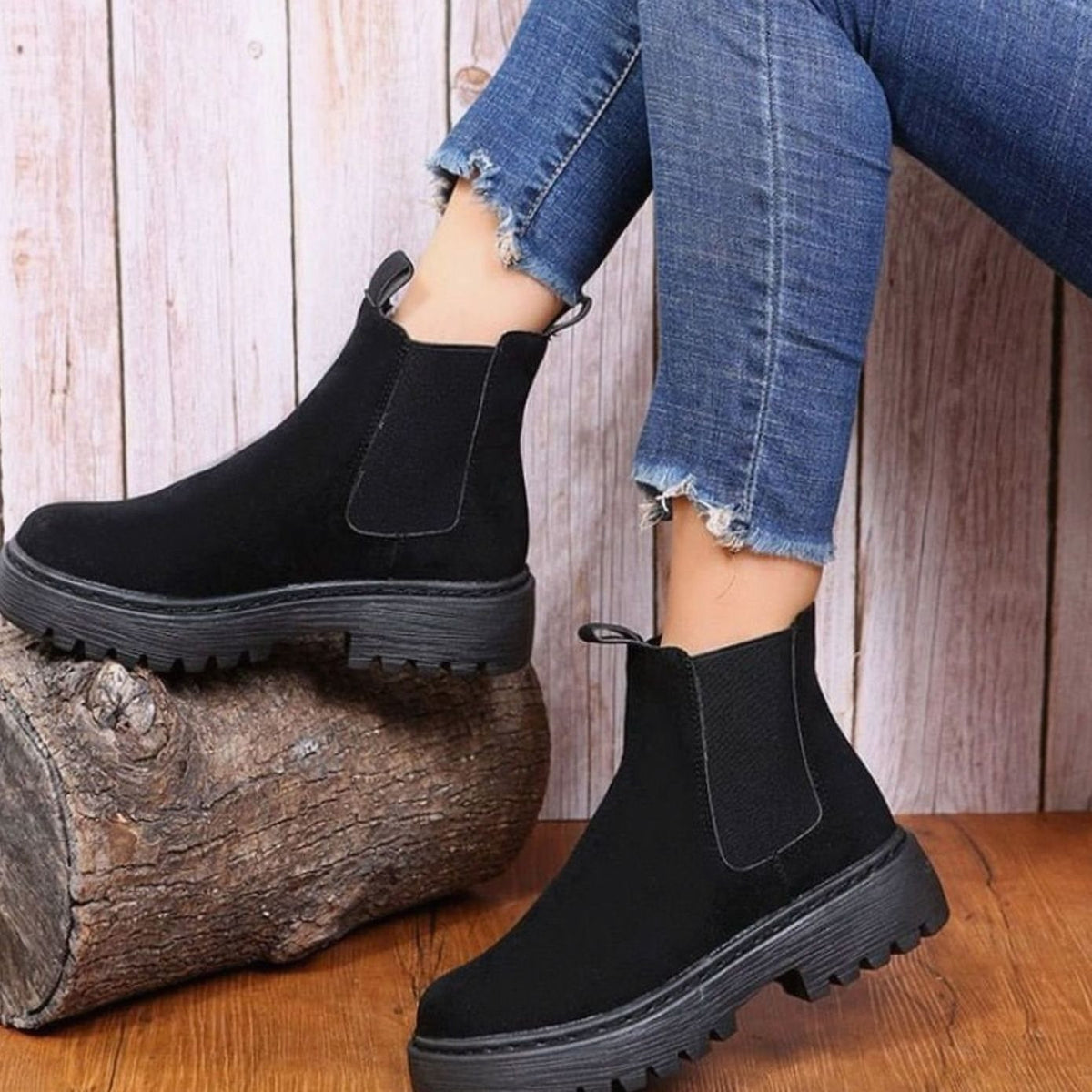 Clemence | Bottines pour Femme Plateau Talon Haut Élastique Aspect Suède - Abricot