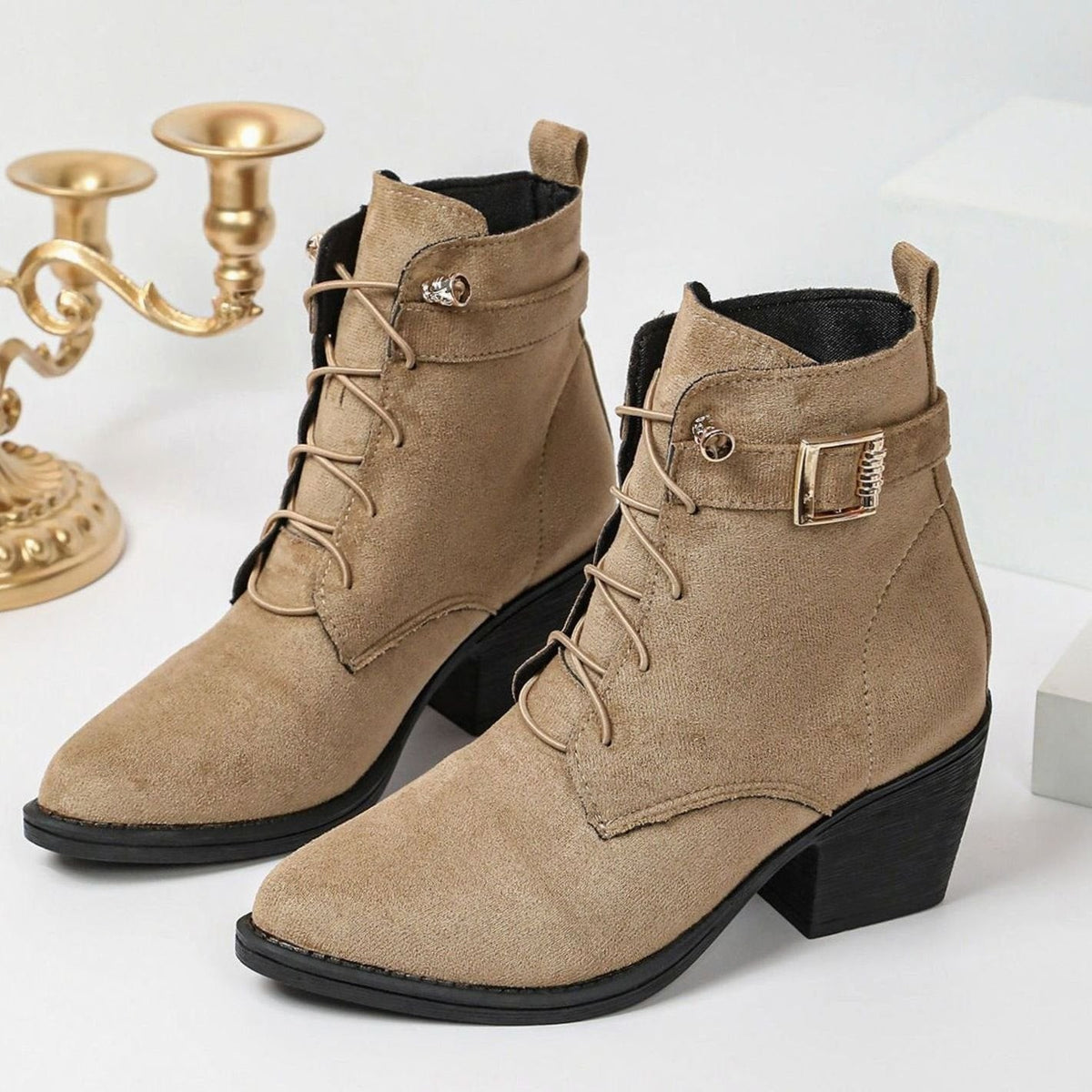 Clemence | Bottines pour Femme Talon Bloc Élevé Lacets simili-cuir - Kaki