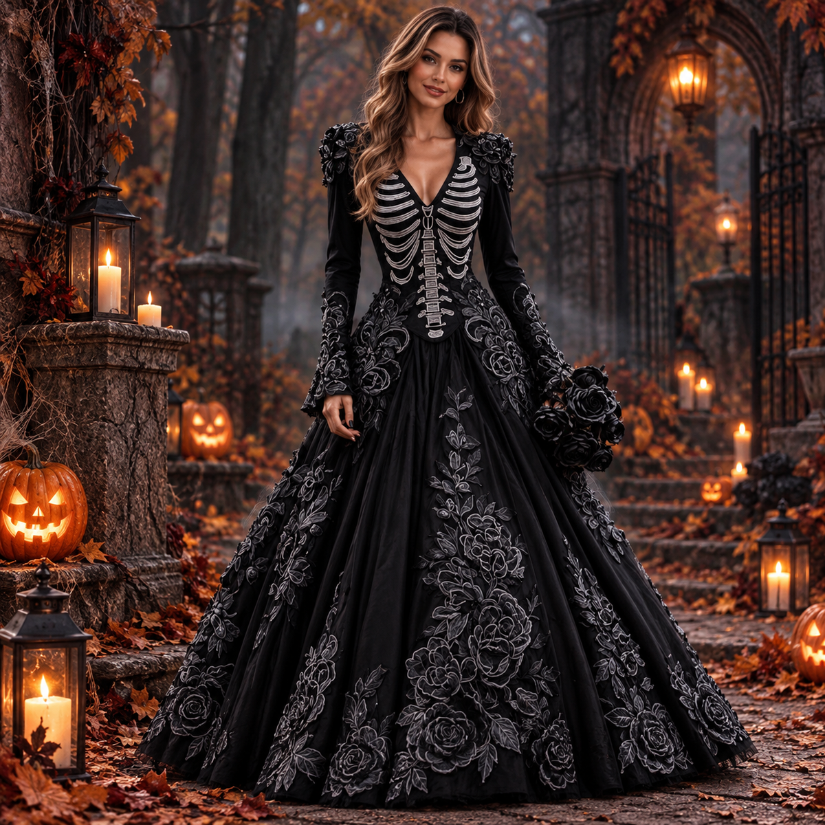 Clemence | Déguisement Halloween Femme Encolure V Broderie Squelette Gothique Robe Longue - Noir