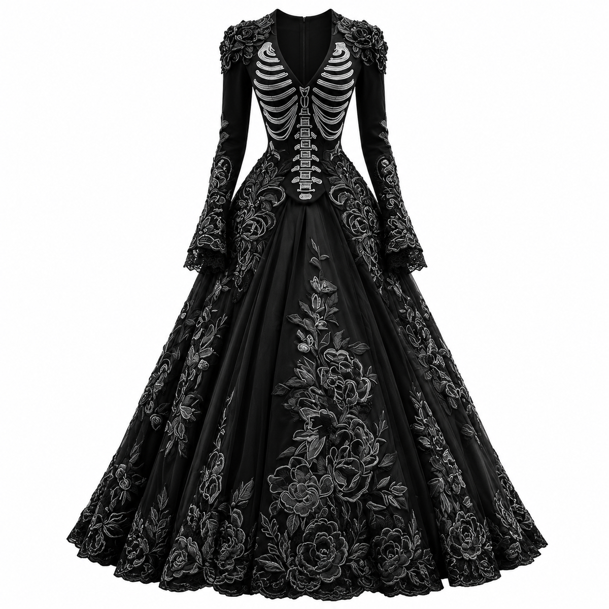 Clemence | Déguisement Halloween Femme Encolure V Broderie Squelette Gothique Robe Longue - Noir