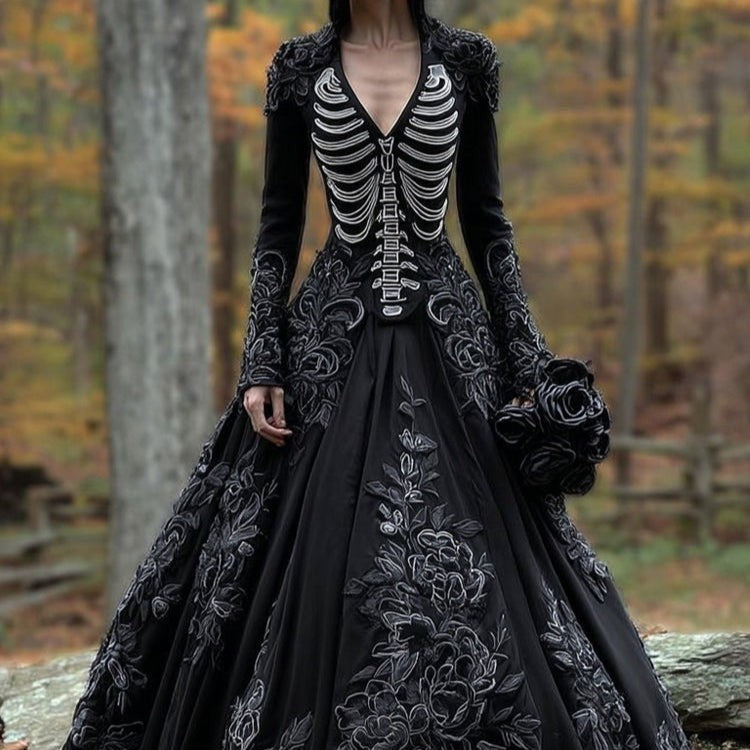 Clemence | Déguisement Halloween Femme Encolure V Broderie Squelette Gothique Robe Longue - Noir