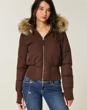 Clemence | Dames Veste Matelassée Courte Capuche Fourrure Synthétique Fermeture Éclair - Marron