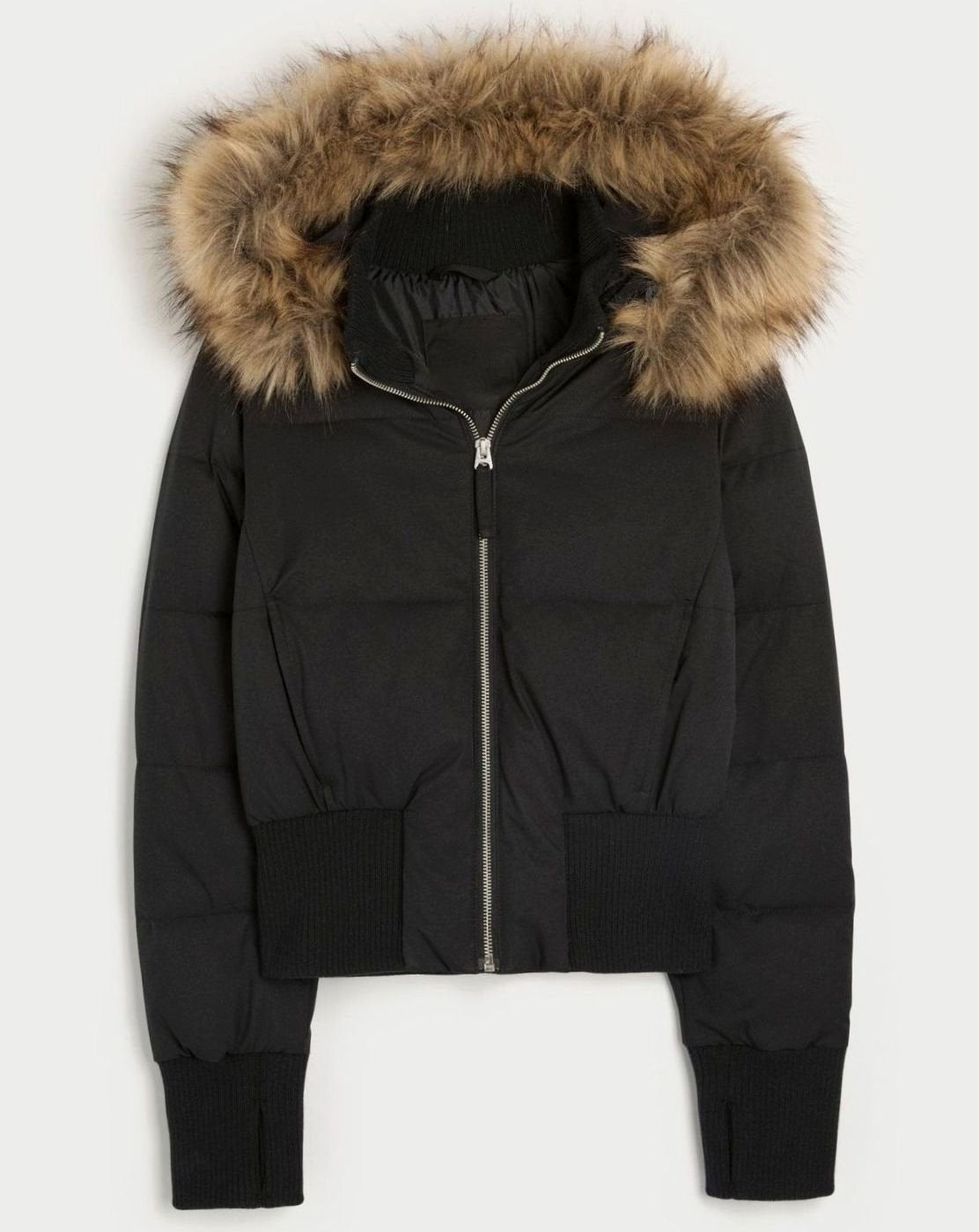 Clemence | Dames Veste Matelassée Courte Capuche Fourrure Synthétique Fermeture Éclair - Noir