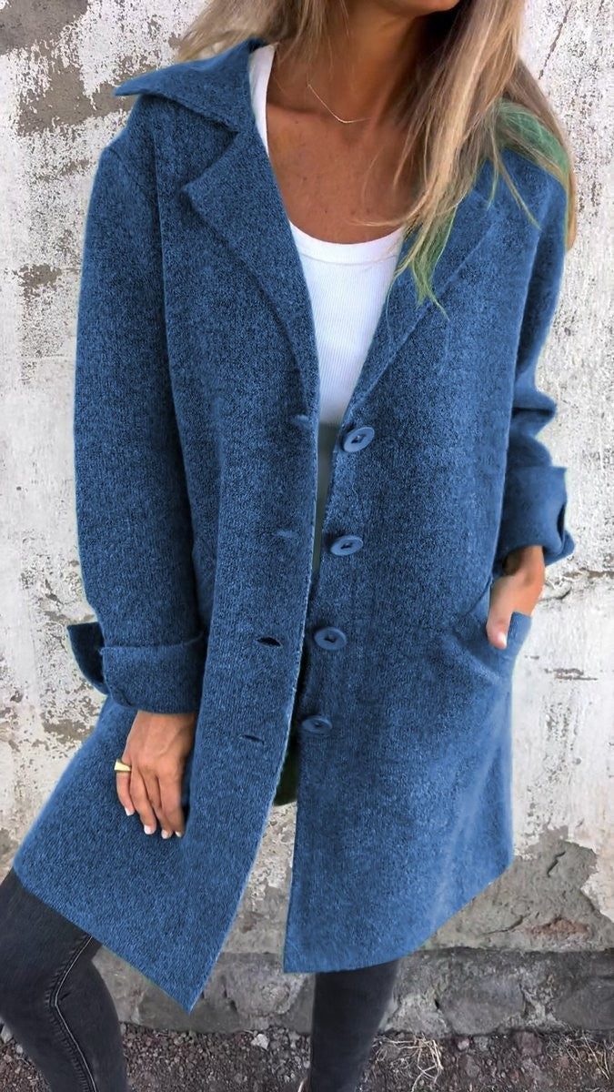 Clemence | Manteau Femme Coupe Longue Revers Boutonnage - Bleu