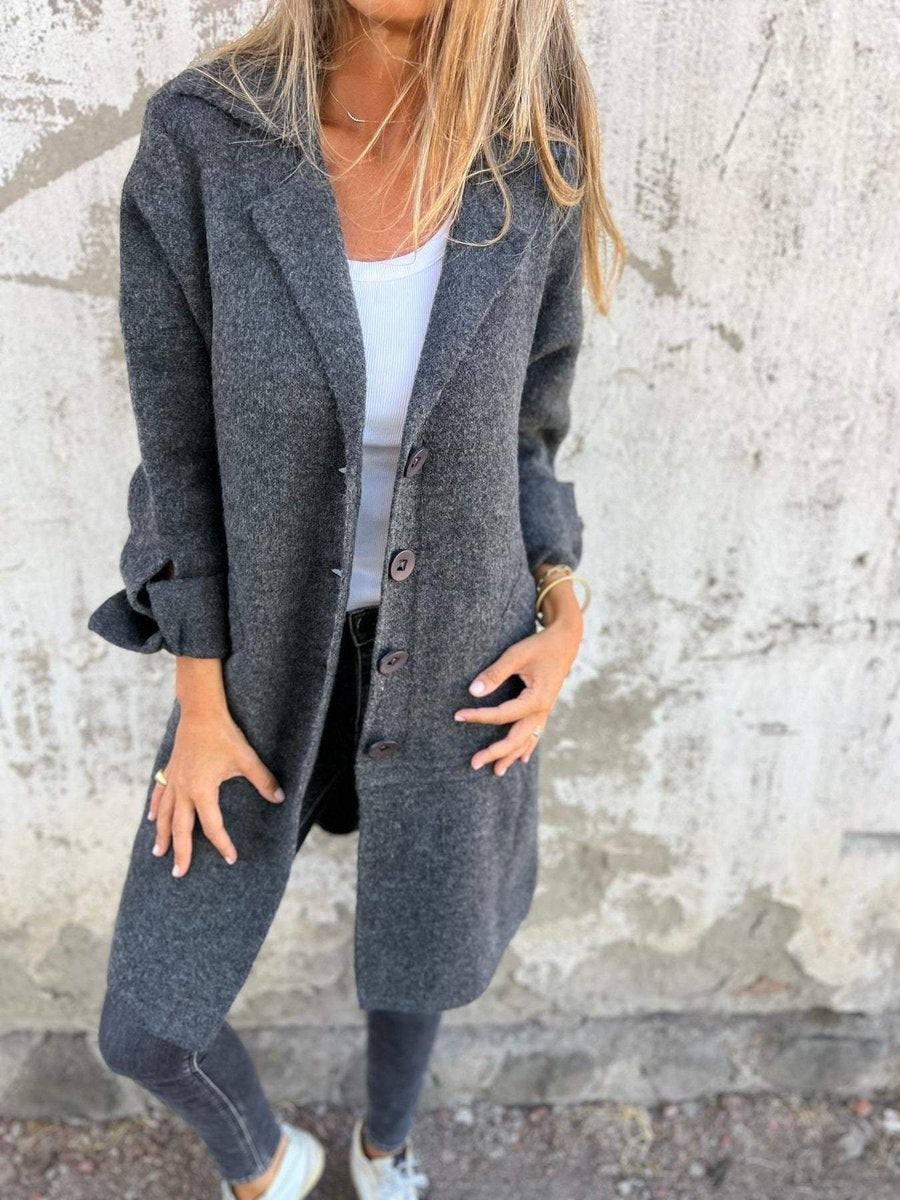 Clemence | Manteau Femme Coupe Longue Revers Boutonnage - Gris