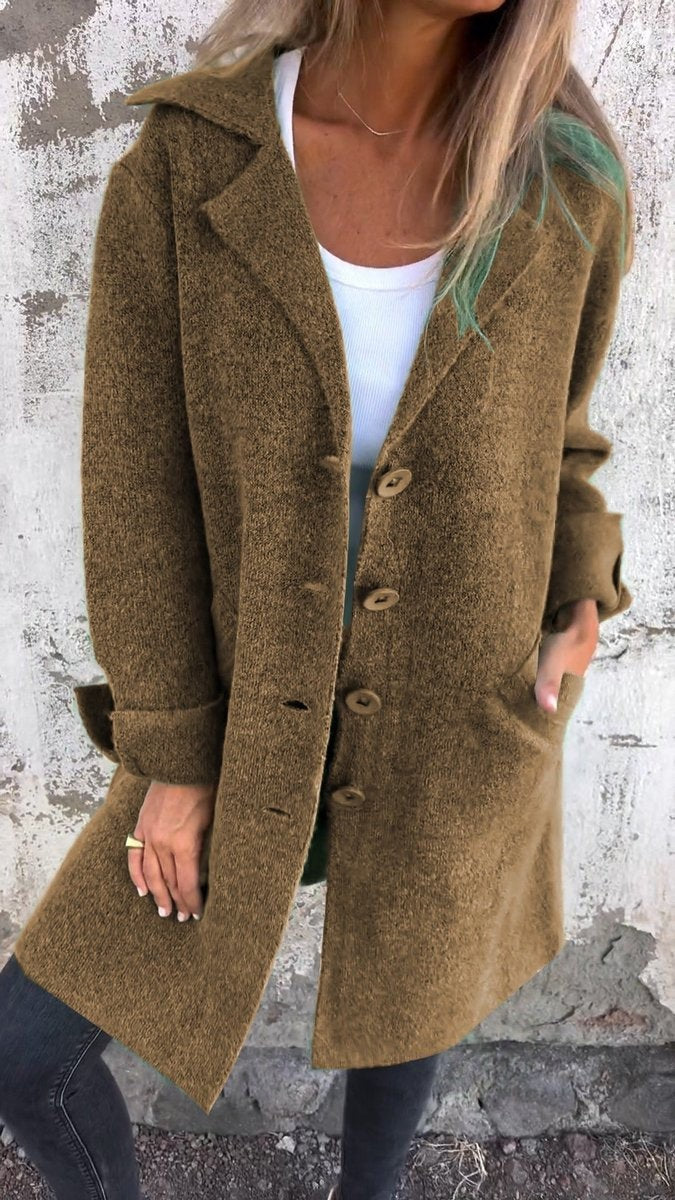 Clemence | Manteau Femme Coupe Longue Revers Boutonnage - Marron
