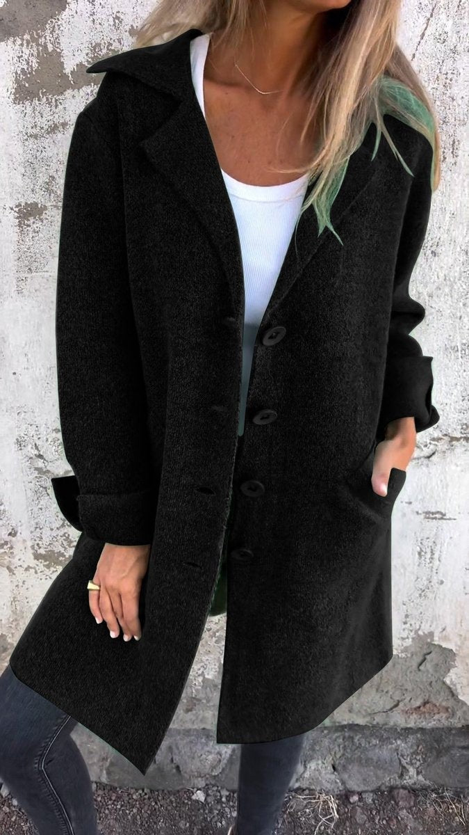 Clemence | Manteau Femme Coupe Longue Revers Boutonnage - Noir