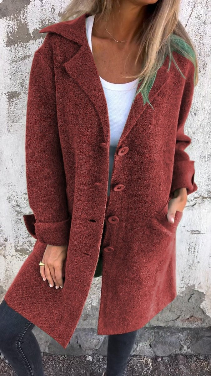 Clemence | Manteau Femme Coupe Longue Revers Boutonnage - Rouge