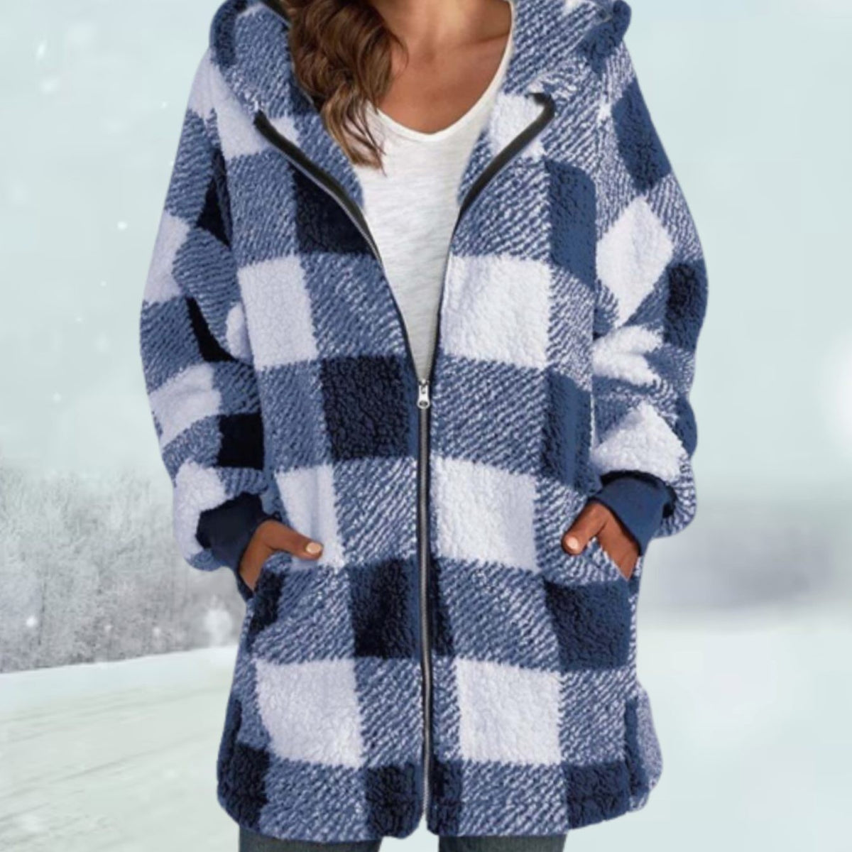 Clemence | Pour Femme Sweat à Capuche Carreauté Fermeture Éclair Polaire - Bleu