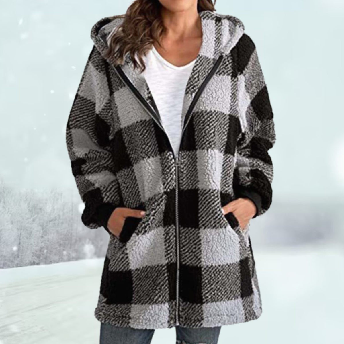 Clemence | Pour Femme Sweat à Capuche Carreauté Fermeture Éclair Polaire - Gris