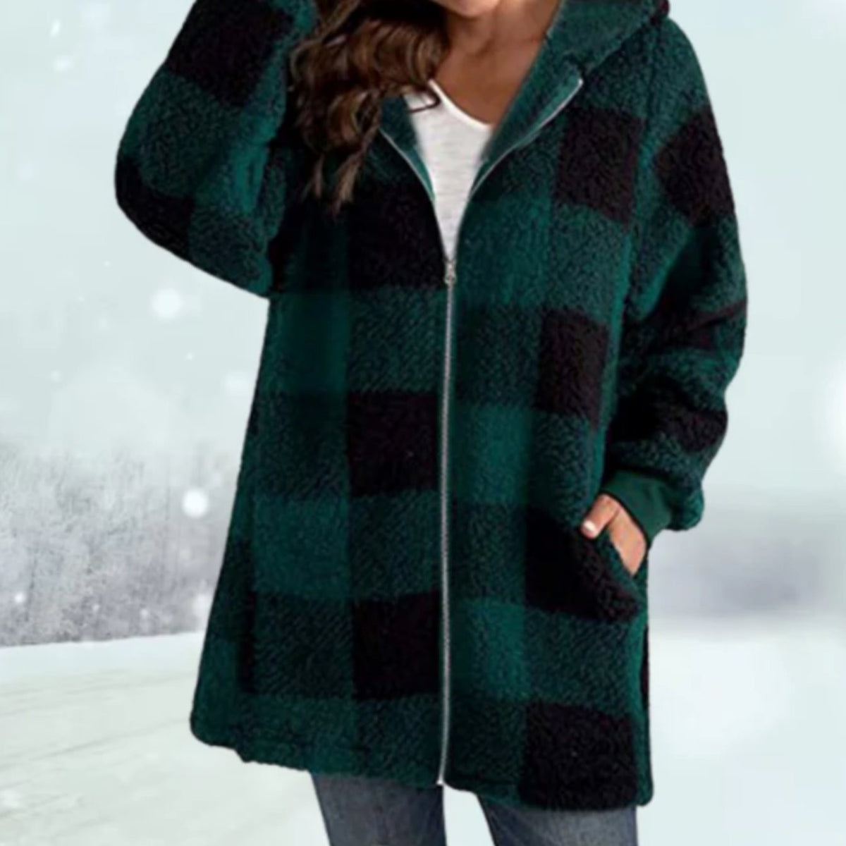 Clemence | Pour Femme Sweat à Capuche Carreauté Fermeture Éclair Polaire - Vert