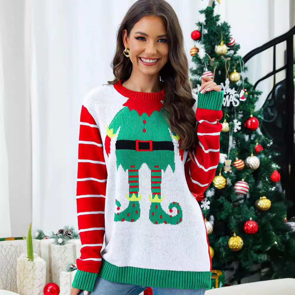Clemence | Pull de noël pour Femme Motif Elfe Col Rond Tricot Festif - Rouge