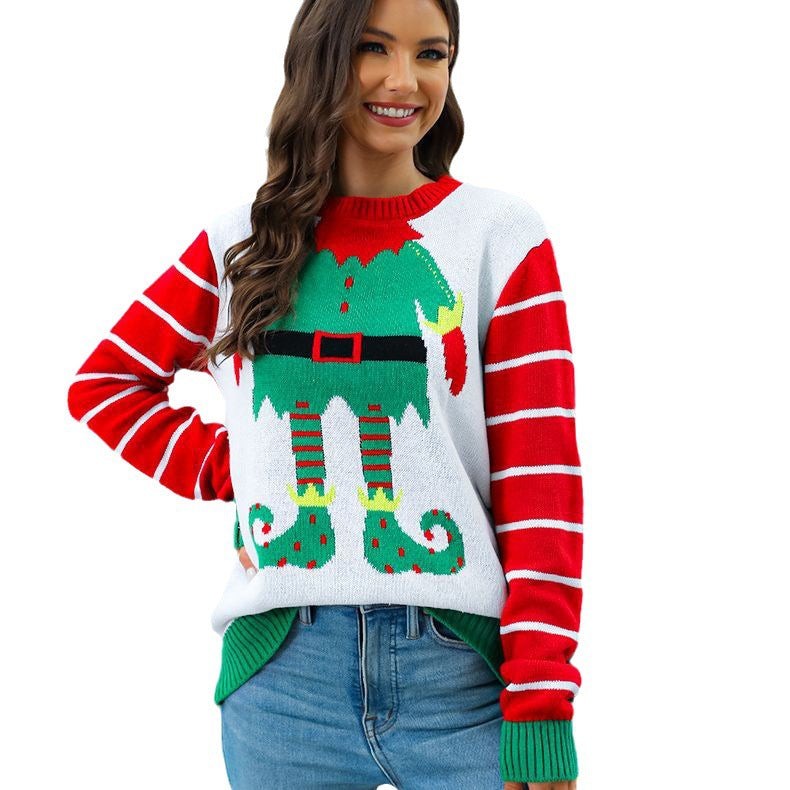 Clemence | Pull de noël pour Femme Motif Elfe Col Rond Tricot Festif - Rouge