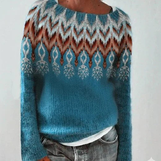 Clemence | Pull de noël pour femme motif nordique coupe ample manches longues - Bleu