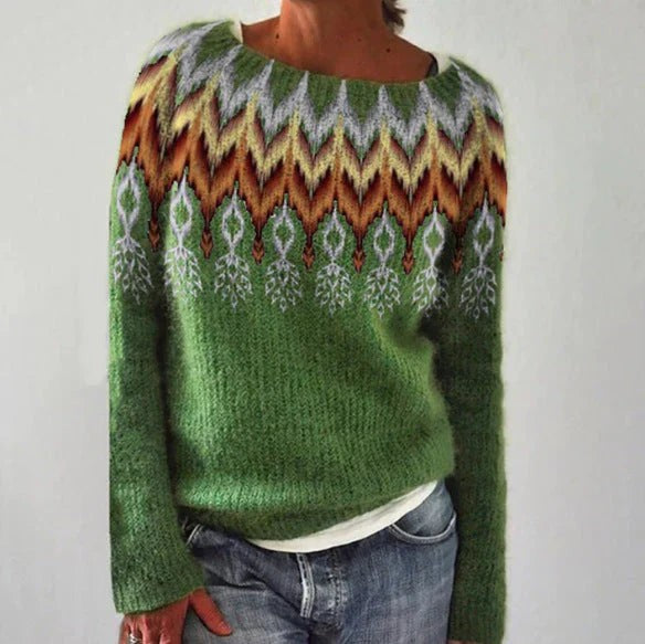 Clemence | Pull de noël pour femme motif nordique coupe ample manches longues - Vert