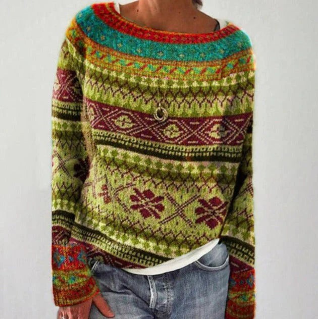 Clemence | Pull de noël pour femme motif nordique coupe ample manches longues - Vert