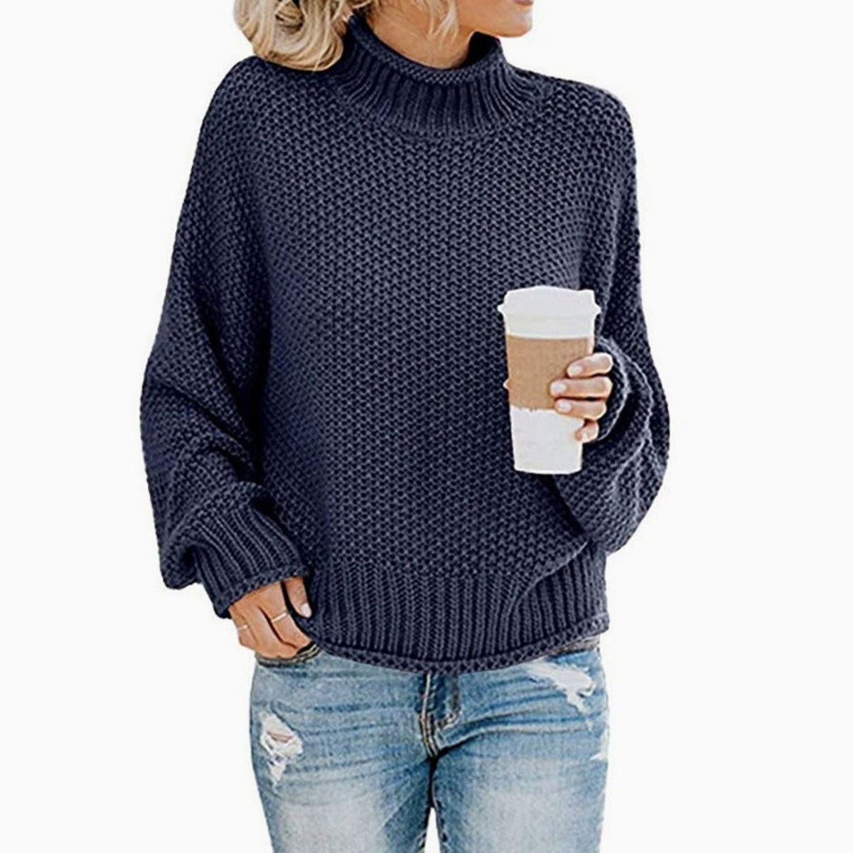 Clemence | Pull Oversize Femme Col Roulé Épais Tricot Côtelé - Bleu Marine