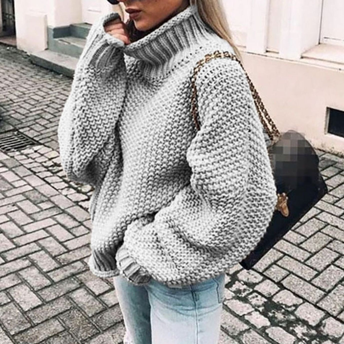 Clemence | Pull Oversize Femme Col Roulé Épais Tricot Côtelé - Gris