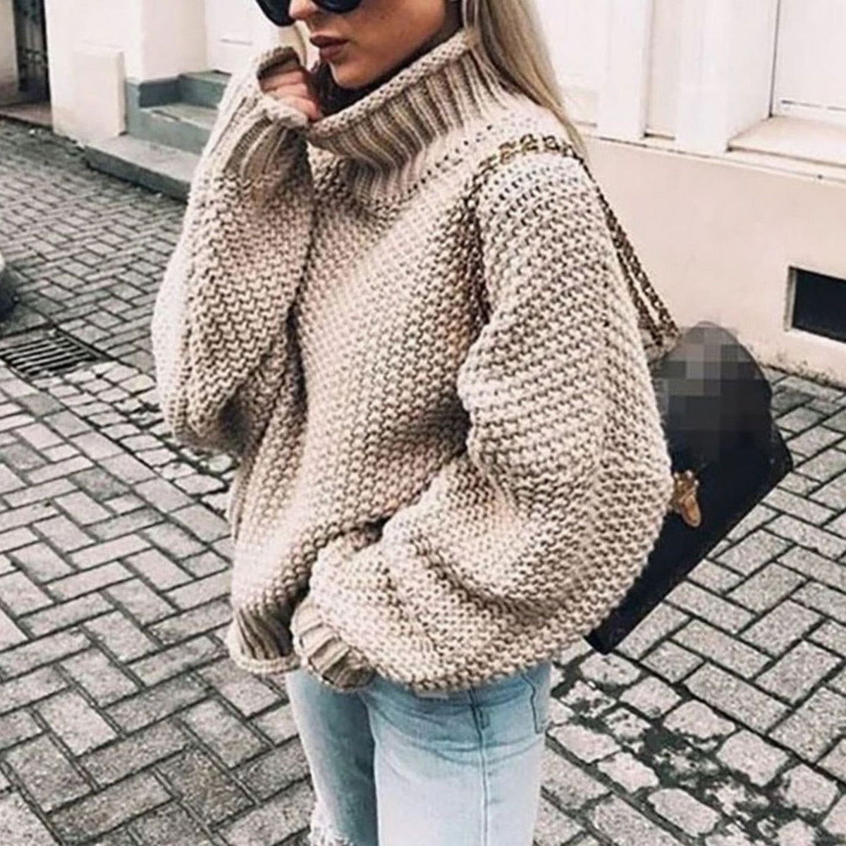 Clemence | Pull Oversize Femme Col Roulé Épais Tricot Côtelé - Kaki