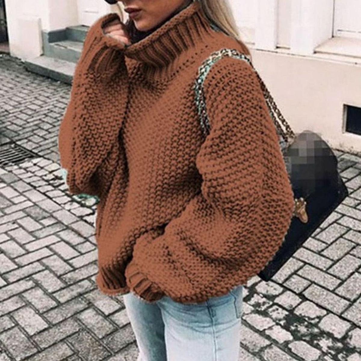 Clemence | Pull Oversize Femme Col Roulé Épais Tricot Côtelé - Marron