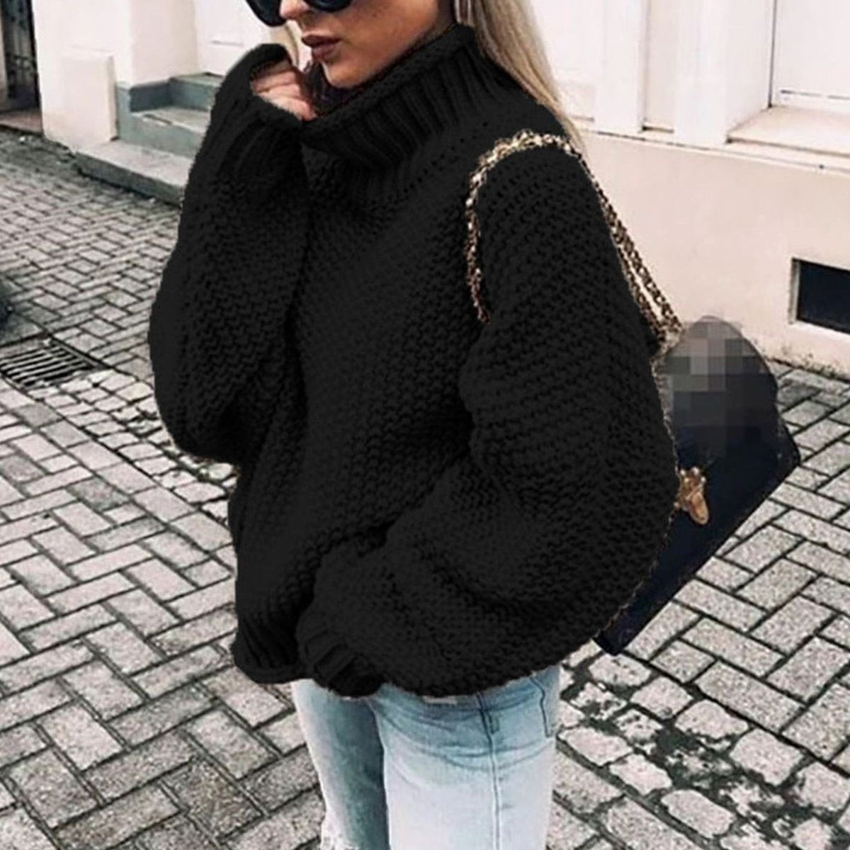 Clemence | Pull Oversize Femme Col Roulé Épais Tricot Côtelé - Noir