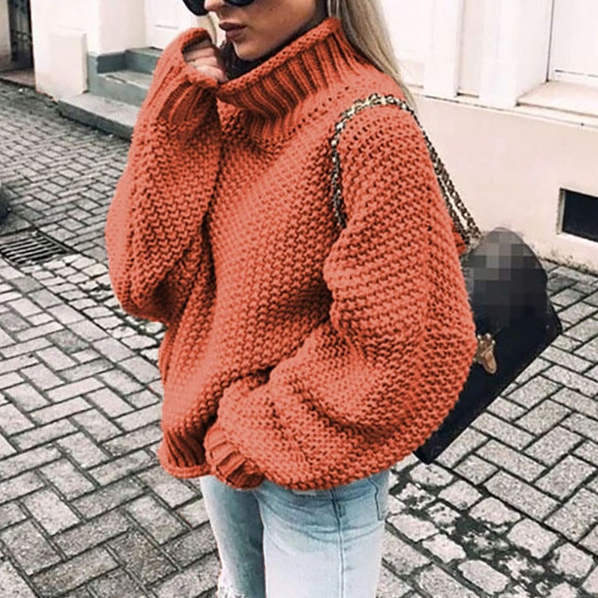 Clemence | Pull Oversize Femme Col Roulé Épais Tricot Côtelé - Orange