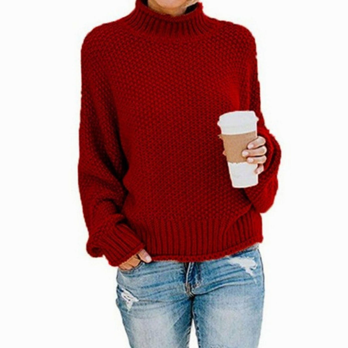 Clemence | Pull Oversize Femme Col Roulé Épais Tricot Côtelé - Rouge
