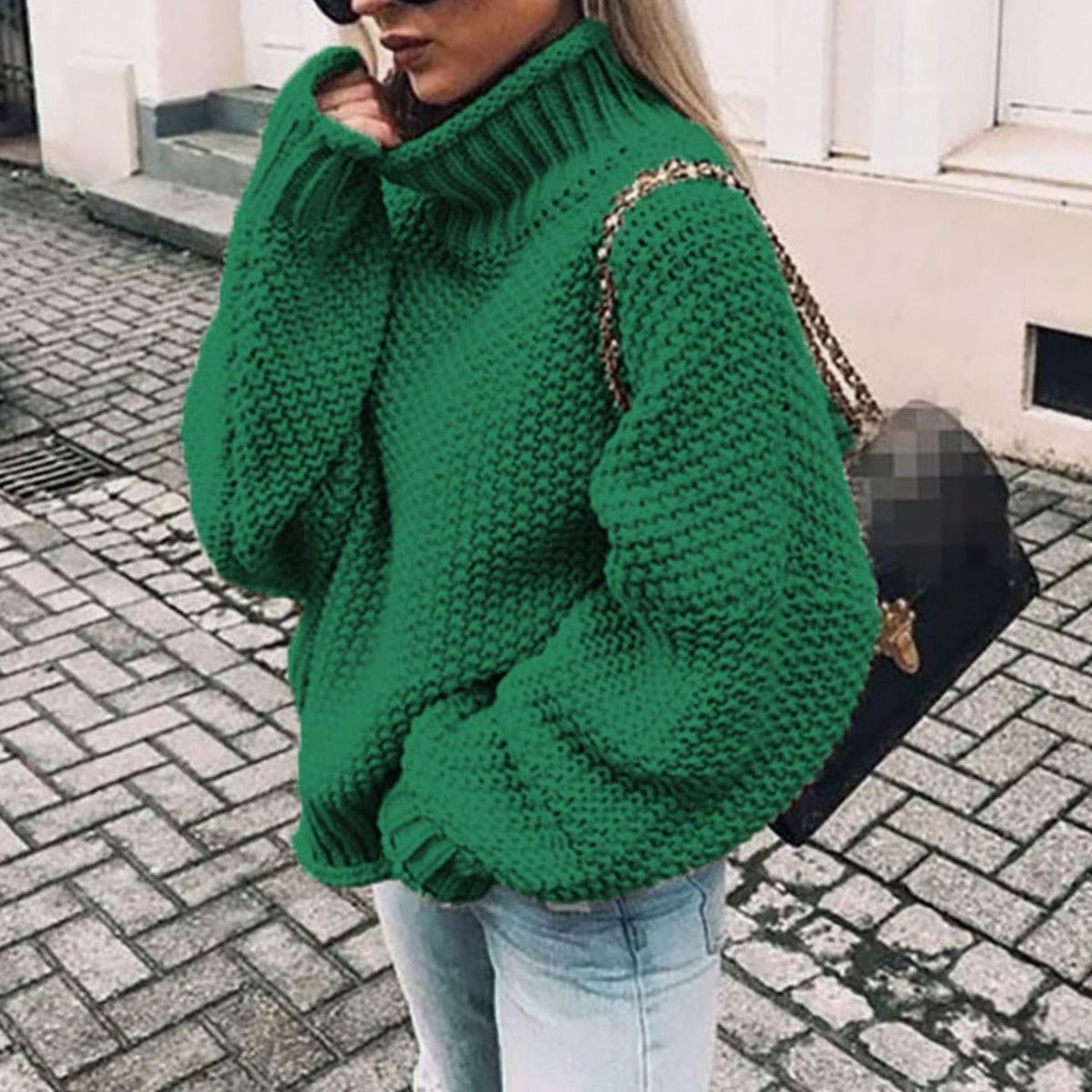 Clemence | Pull Oversize Femme Col Roulé Épais Tricot Côtelé - Vert