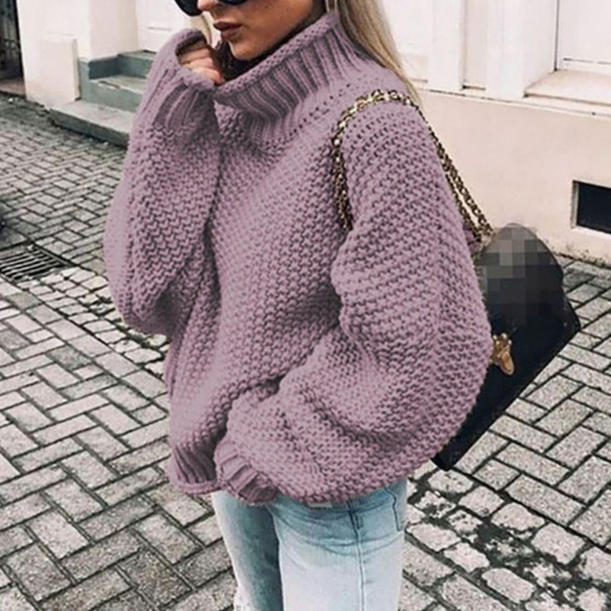 Clemence | Pull Oversize Femme Col Roulé Épais Tricot Côtelé - Violet