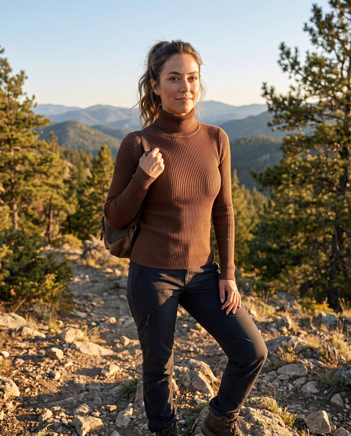 Clemence | Pull pour Femme Col Roulé Côtelé Tricot Léger - Marron Foncé