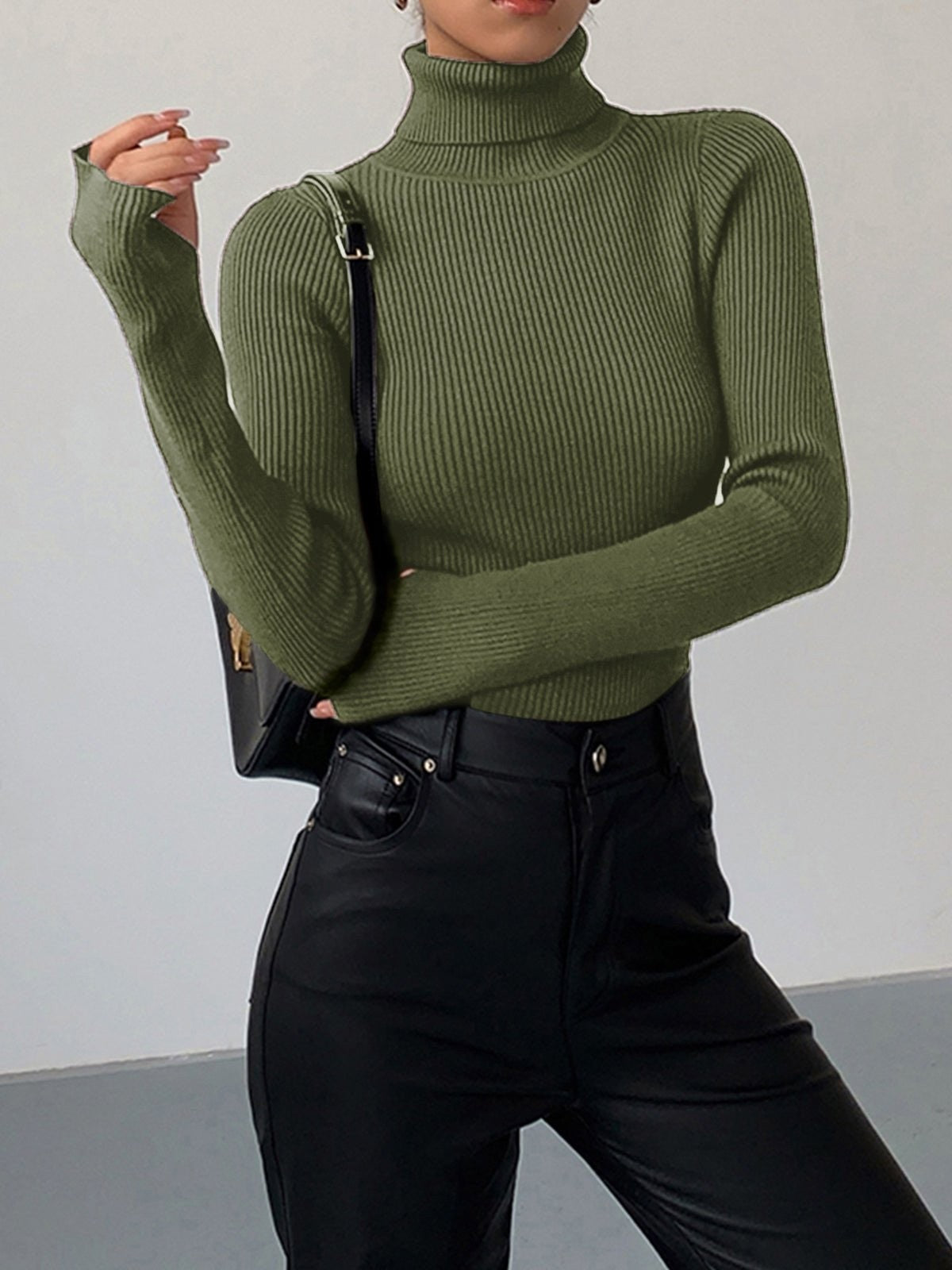 Clemence | Pull pour Femme Col Roulé Côtelé Tricot Léger - Vert