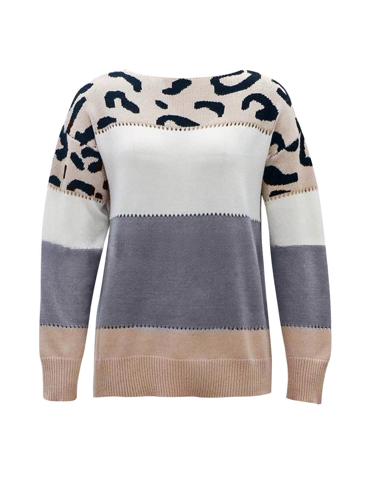 Clemence | Sweat-Shirt pour Femme Imprimé Léopard Colorblock Col Rond Tricot - Beige