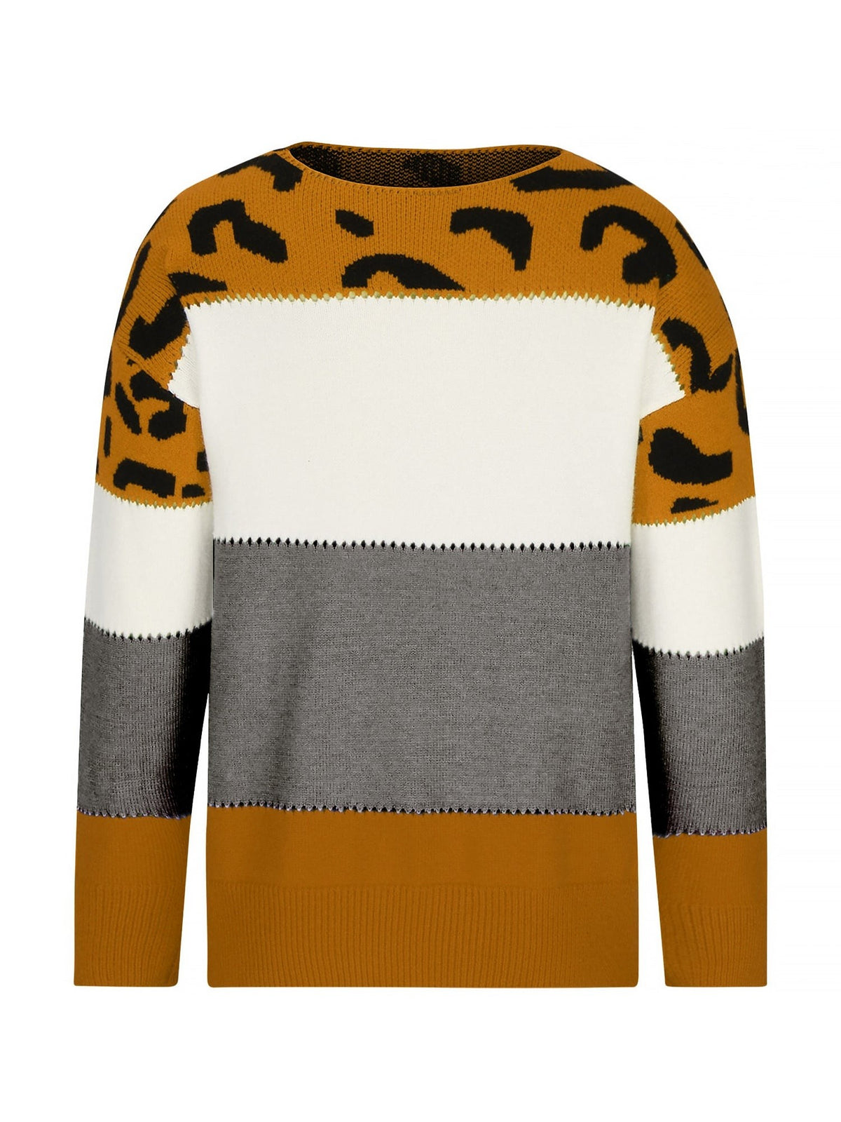 Clemence | Sweat-Shirt pour Femme Imprimé Léopard Colorblock Col Rond Tricot - Beige