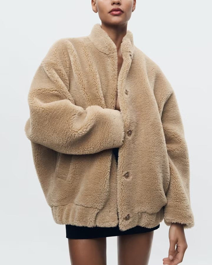 Clemence | Veste Teddy pour Femme Oversize Coupe Ample Boutons Col Montant - Beige