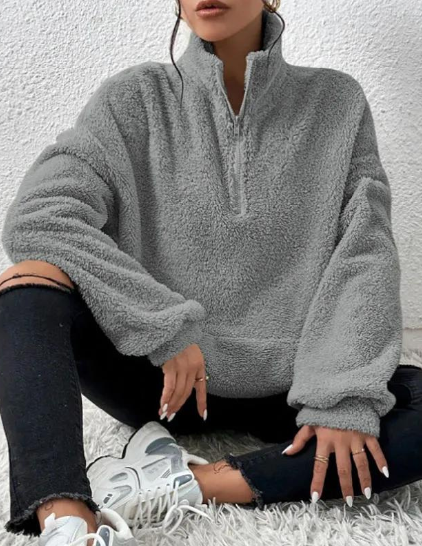 Clement | Dames Veste Polaire Femme Demi-Fermeture Éclair Poches Kangourou - Gris