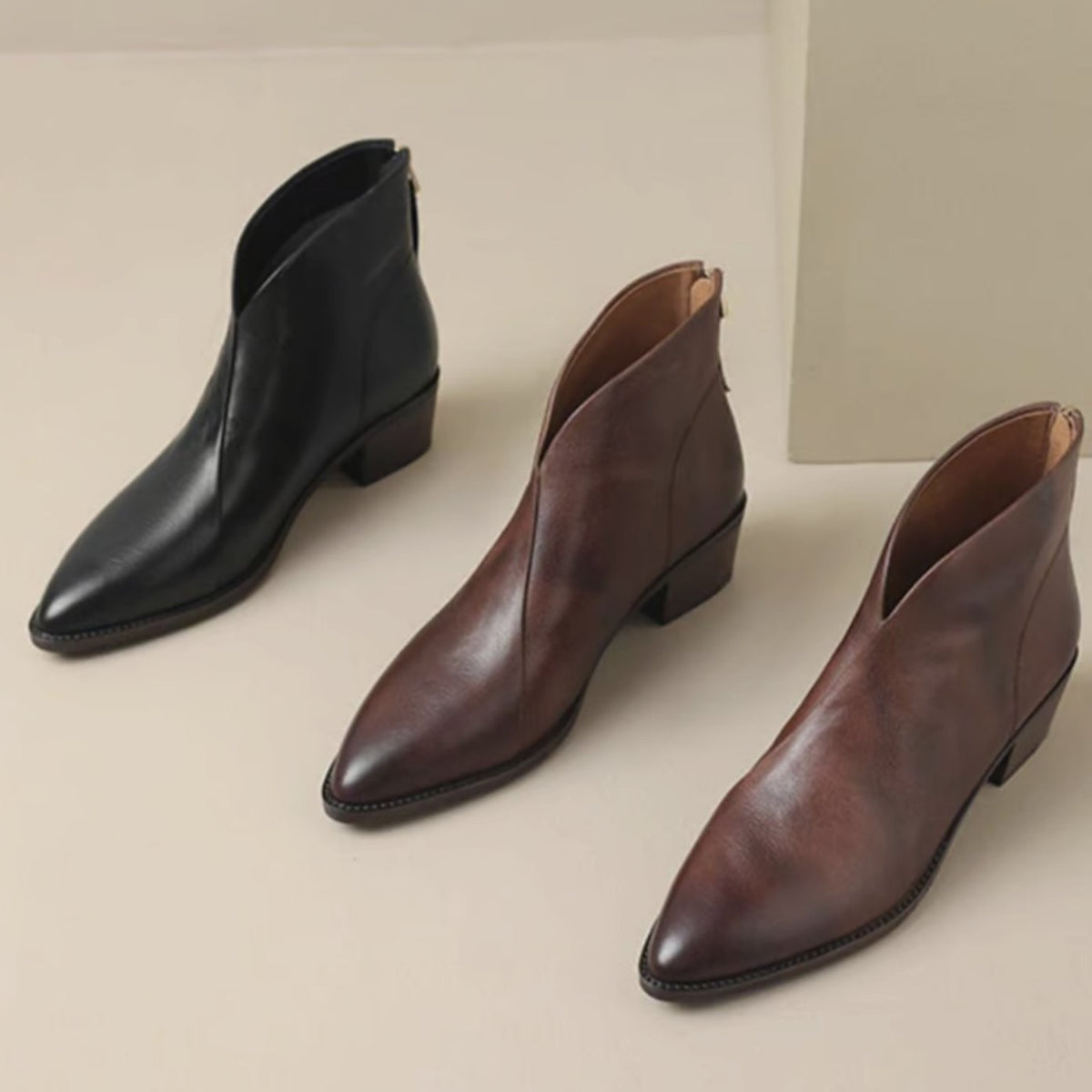 Elise | Bottines Femme Bout Pointu Talon Bloc Bas Fermeture Éclair - Noir