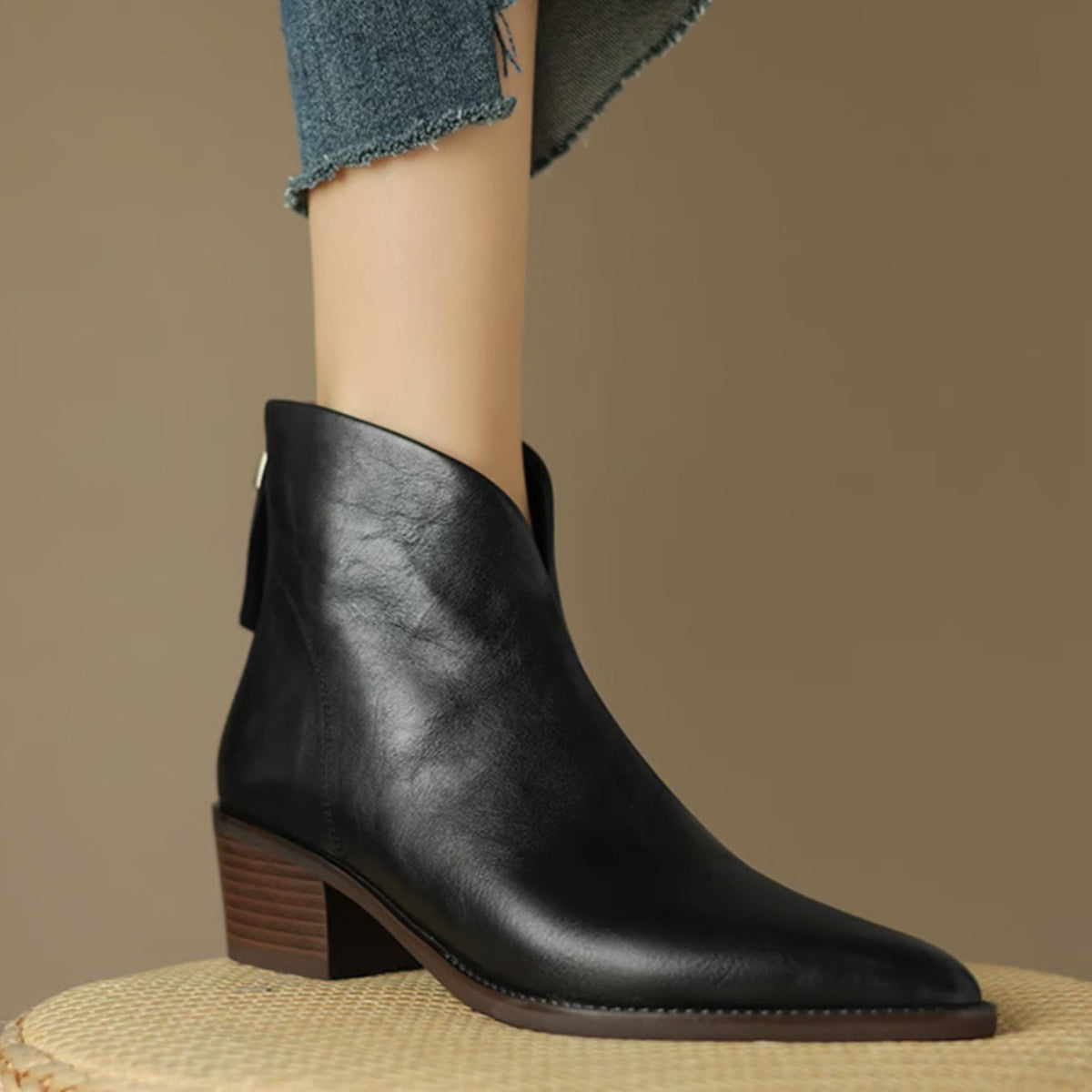 Elise | Bottines Femme Bout Pointu Talon Bloc Bas Fermeture Éclair - Noir