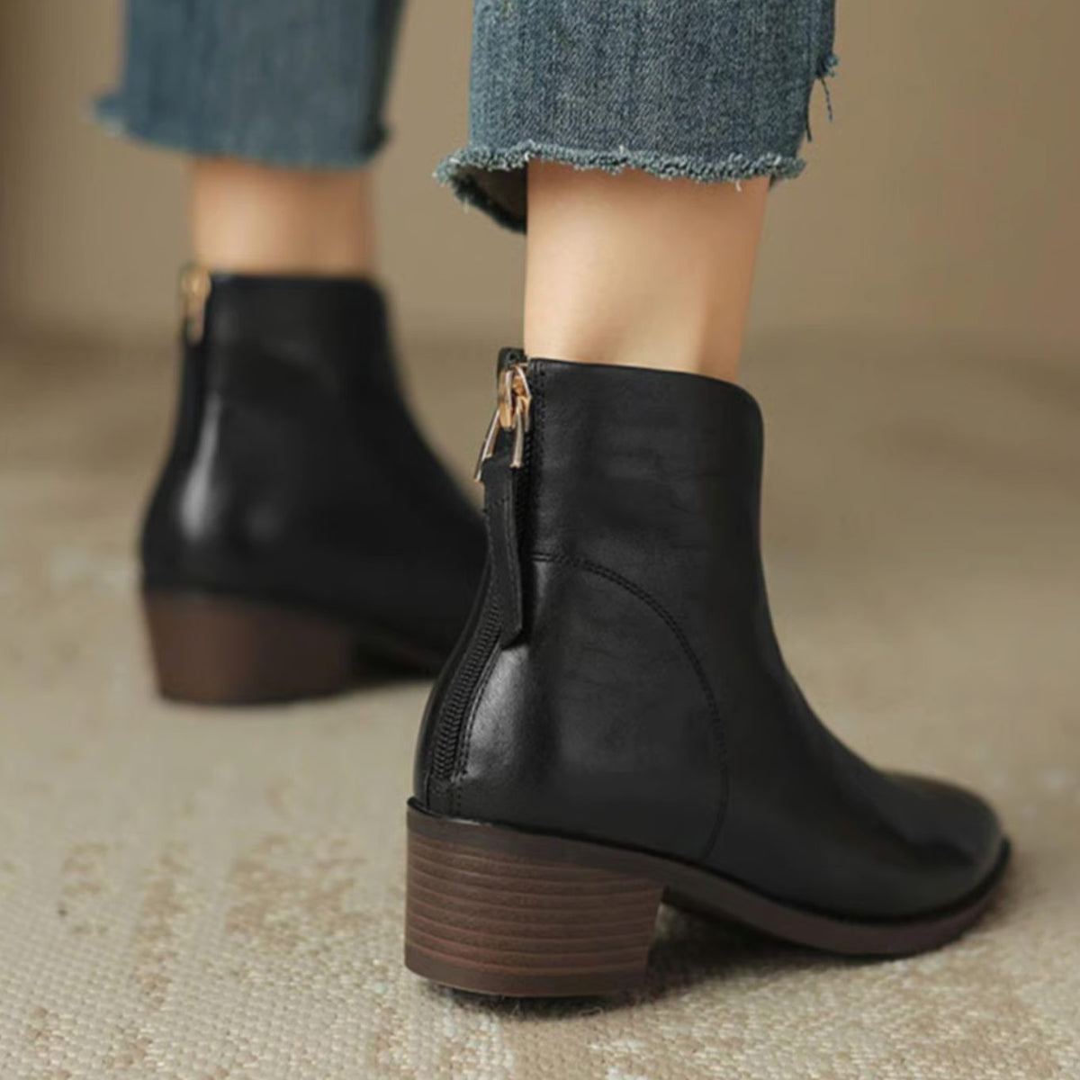 Elise | Bottines Femme Bout Pointu Talon Bloc Bas Fermeture Éclair - Noir