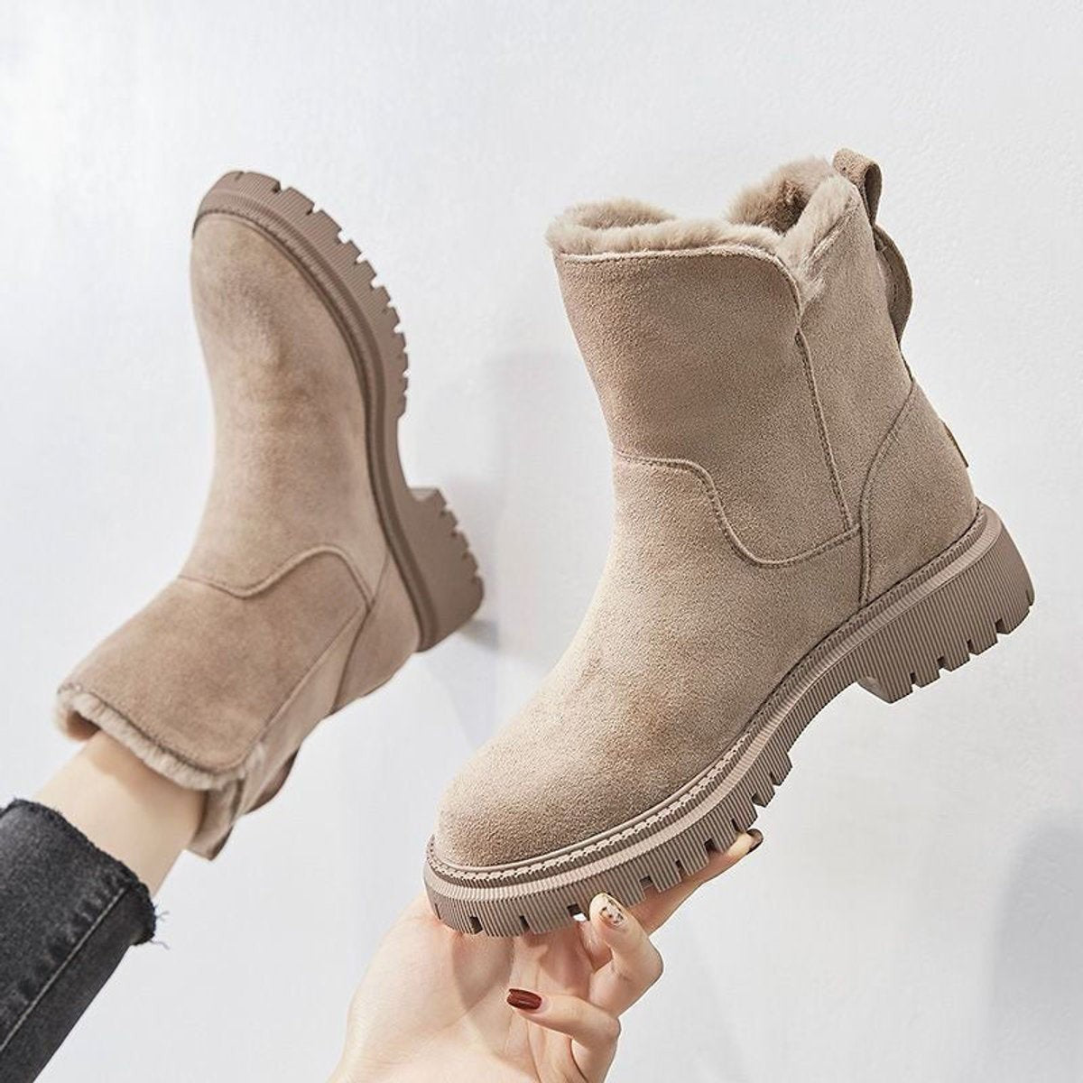 Elise | Bottines Femme Doublure Polaire Fermeture Latérale Talon Chunky - Beige